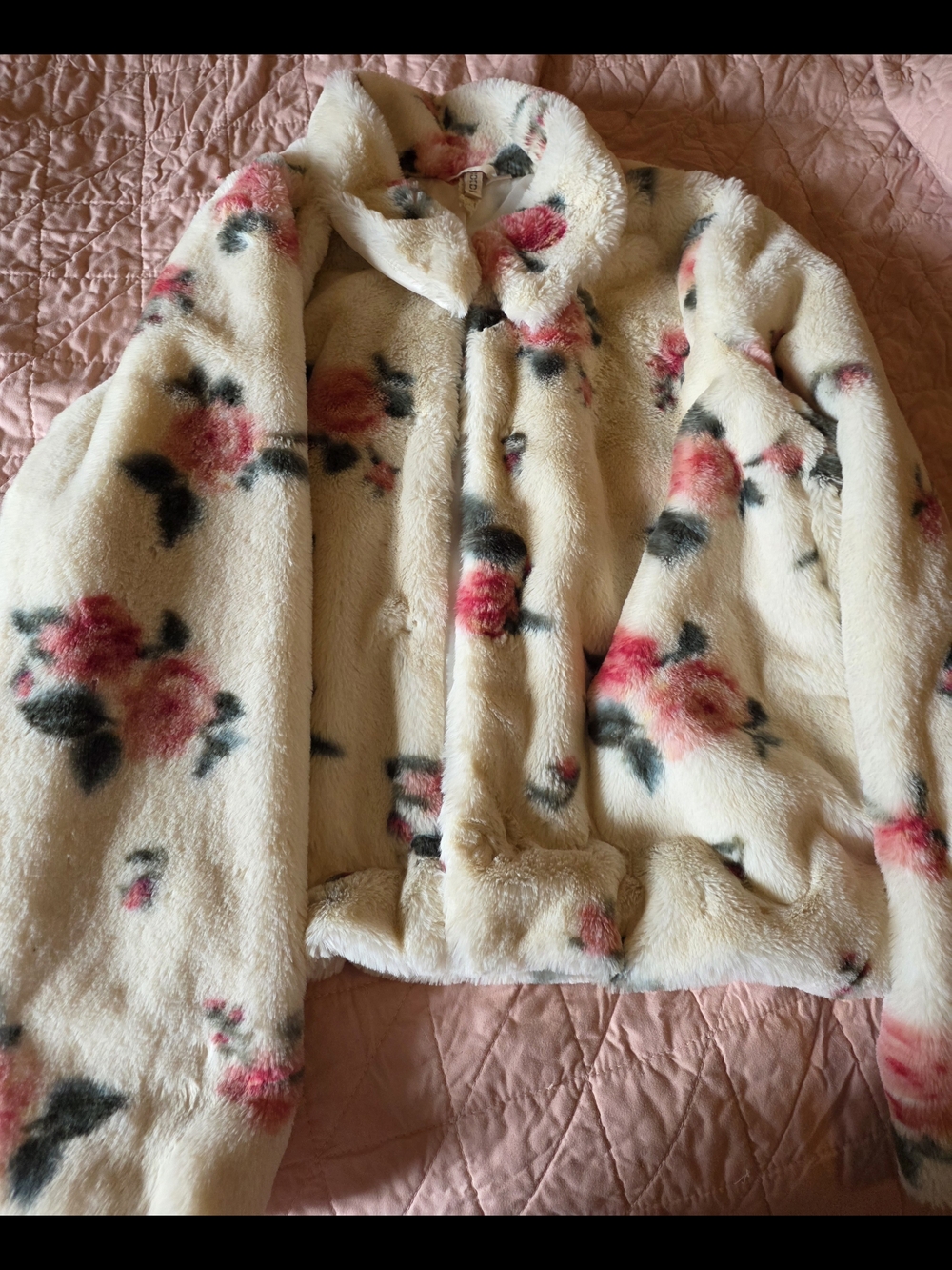 H&M Cream Faux Fur Jacket with Pink and Gray Floral Spots